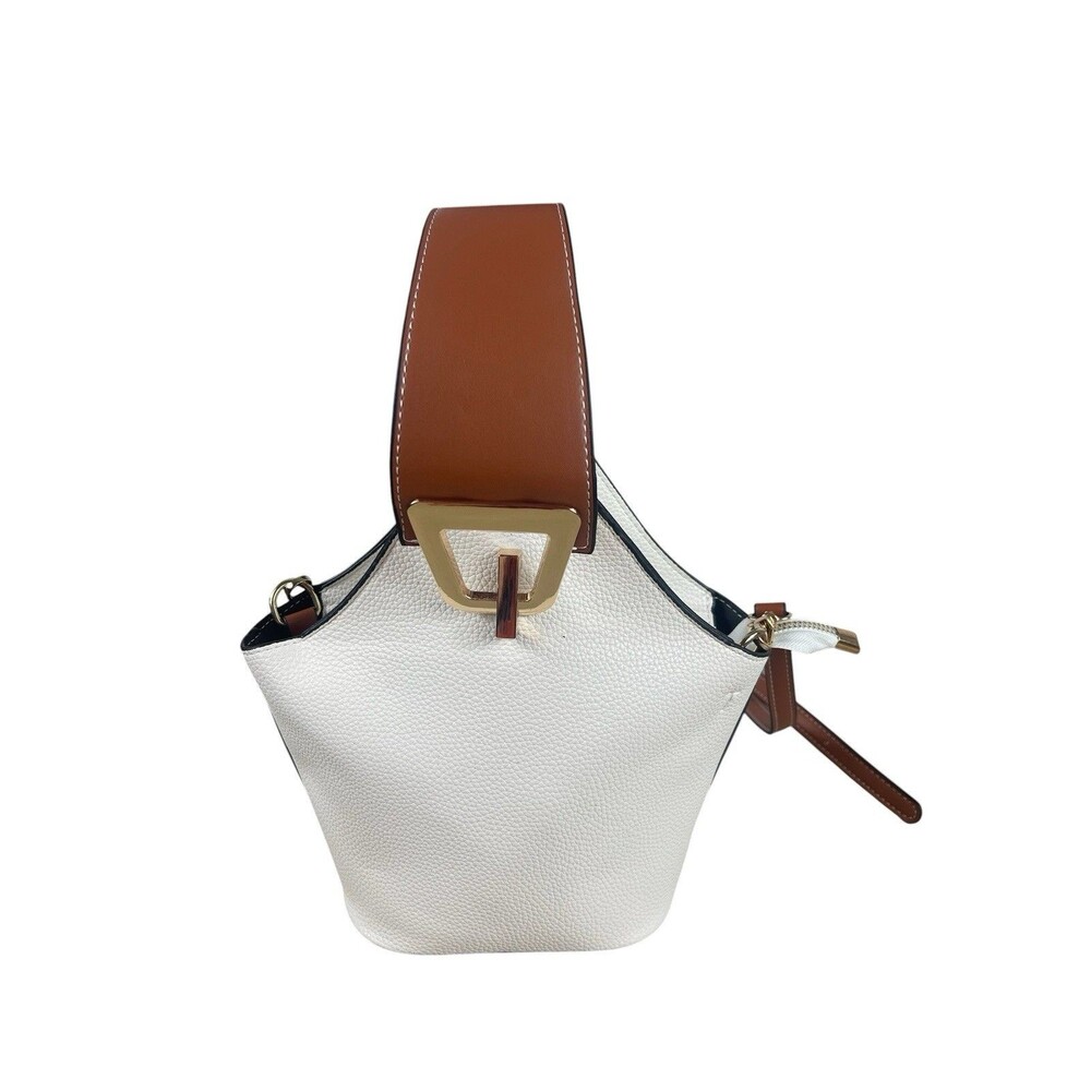 White Pebbled Faux Leather Bucket Bag Cognac Trim Gold Hardware Shoulder